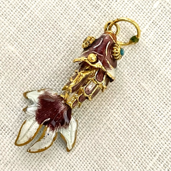 Cloisonné Wiggly Fish Pendant/Charm gold brown turquoise - Picture 10 of 13